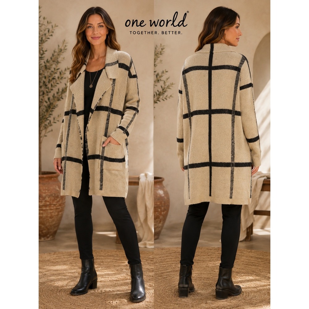 One World Beige Black Windowpane Boho Open Front Knit Cardigan Sweater Size M